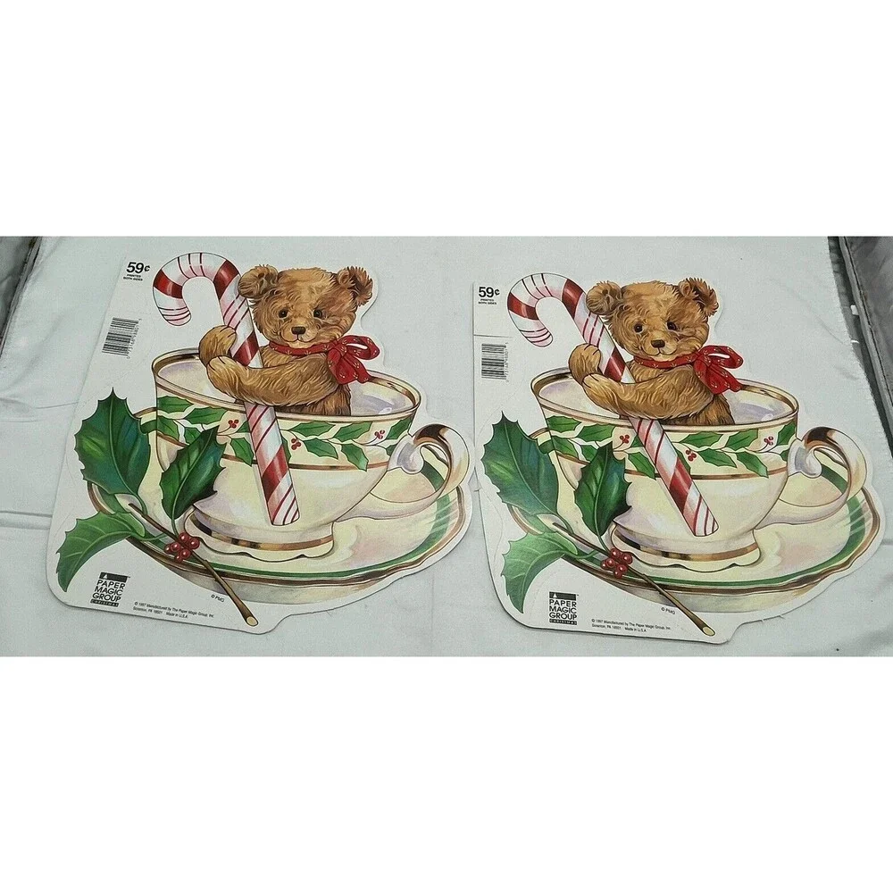Vintage 2 Paper Magic Group Candy Cane Bear In Tea Cup Christmas Decoration 10”
